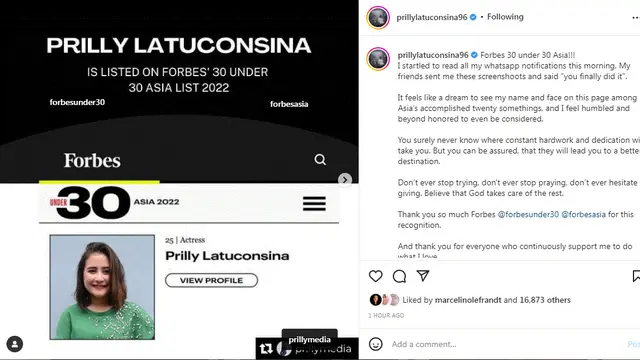 Prilly Latuconsina masuk dalam Forbes 30 Under 30 Asia