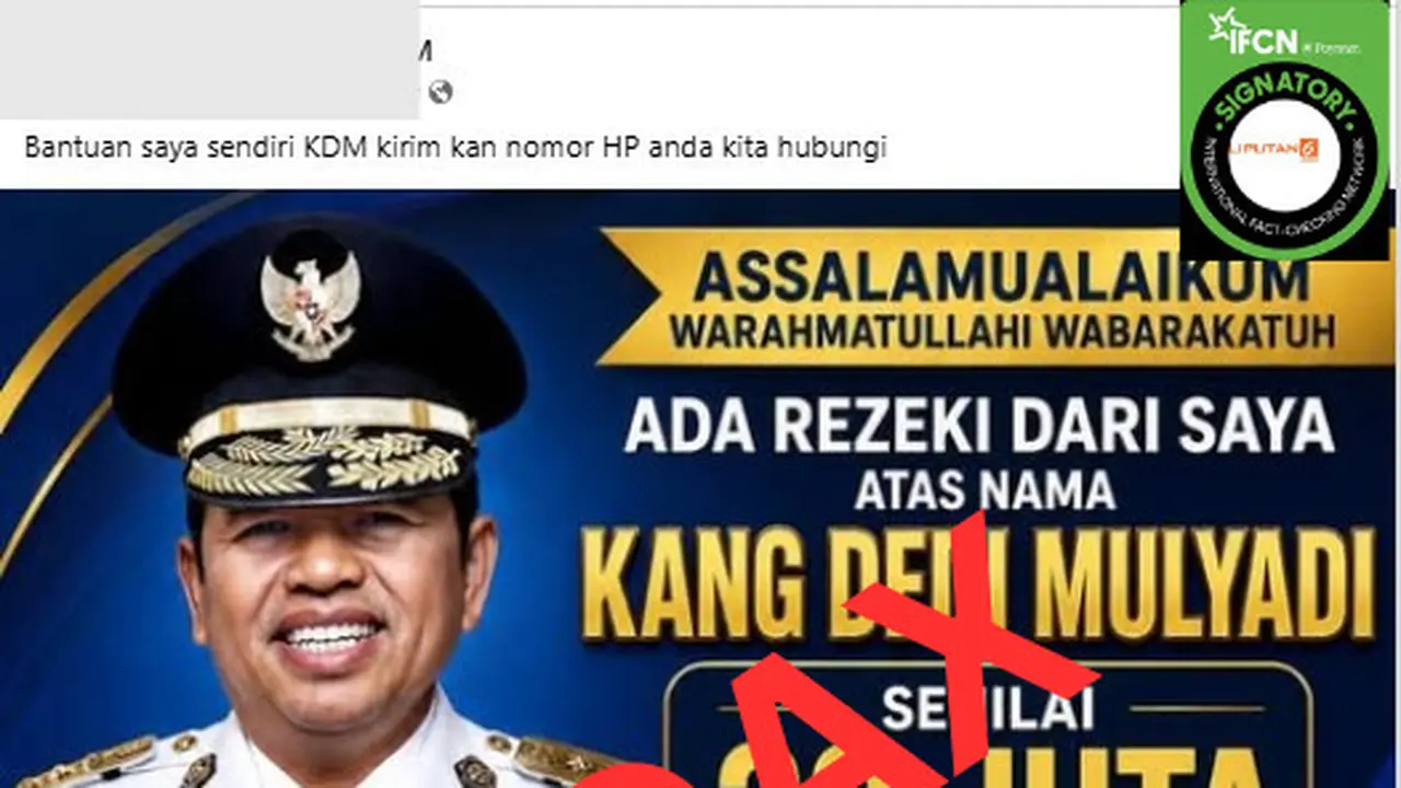 Cek Fakta Liputan6.com menemukan klaim foto Gubernur Jawa Barat (Jabar) Dedi Mulyadi kasih bantuan uang Rp 20 juta