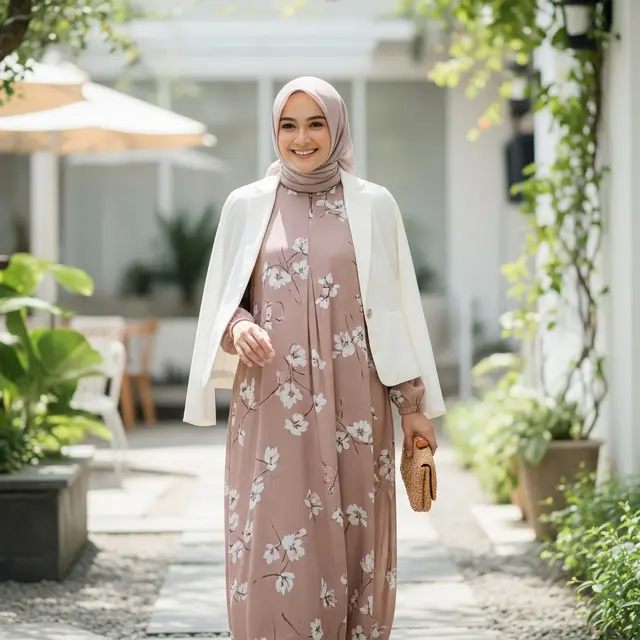 Gamis Motif Bunga Soft dengan Blazer Tipis