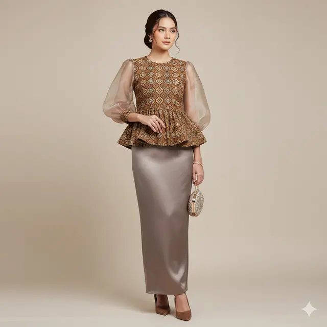 Model Blouse Batik Kombinasi Organza Lengan Bishop untuk Pesta Keluarga. Gemini