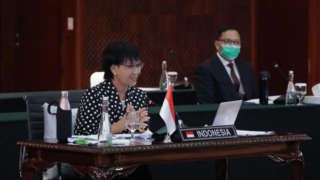 Menlu Retno Marsudi dalam forum Foreign Policy and Global Health Ministers' Virtual Meeting (FPGH MVM) pada Kamis, 3 September 2020.