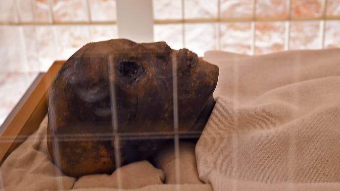 Kepala Mumi yang terbungkus linen dari dinasti ke-18 Firaun Tutankhamun (1332–1323 SM) terlihat dalam kotak kaca di makam bawah tanah (KV62) di Lembah Para Raja di tepi barat sungai Nil di seberang kota Luxor di Mesir (31/1). (AFP Photo/Mohamed El-Shahed)