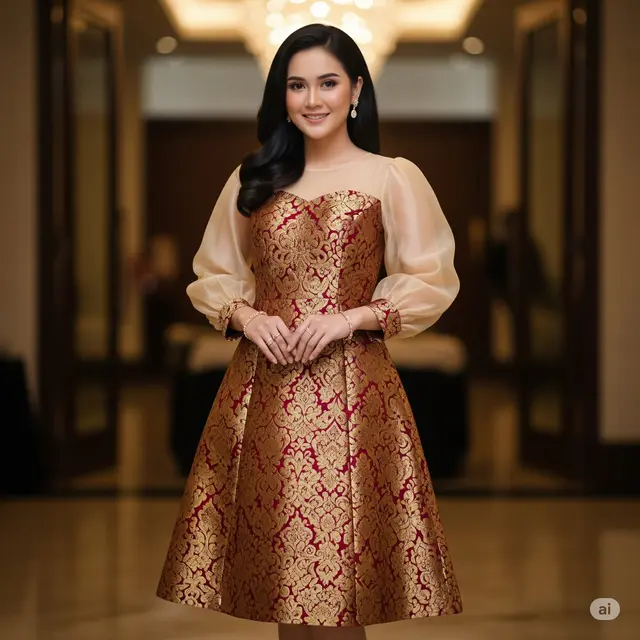 Dress Brokat Premium Midi A-Line Lengan Balon Transparan