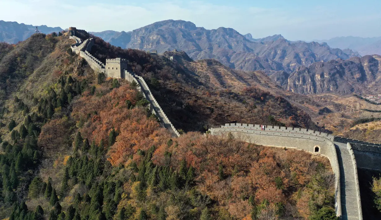 Foto yang diabadikan dari udara pada 30 Oktober 2020 ini menunjukkan pemandangan musim gugur di sepanjang Tembok Besar seksi Taipingzhai di Distrik Jizhou, Tianjin, China utara. (Xinhua/Ma Ping)