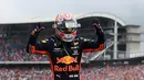 Gaya pebalap Red Bull Max Verstappen usai memenangkan F1 GP Jerman di Hockenheimring, Hockenheim, Minggu (28/7/2019). Ini adalah kemenangan kedua Verstappen pada persaingan F1 GP 2019. (Sebastian Gollnow/dpa via AP)