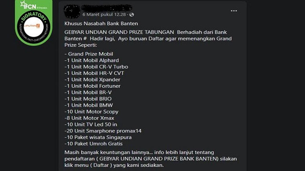 Postingan Hoaks Undian Berhadiah dari Bank Banten. (sumber: Facebook)