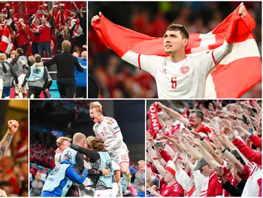 Pemain dan suporter Timnas Denmark tampak bersuka cita usai dipastikan lolos ke babak 16 besar Euro 2020. Mereka tampak meledak-ledak merayakan keberhasilan tersebut. Denmark finis sebagai runner-up Grup B mendampingi Belgia yang keluar sebagai juara grup.