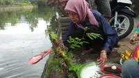 Sesajen yang dilarung ke Sungai Pampang berisi songkolok, telur ayam kampung dan makanan berbahan daging ayam. (Liputan6.com/Eka Hakim)