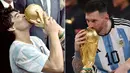Foto kombo memperlihatkan dengan baju yang sama kapten tim Argentina Diego Armando Maradona (kiri) mencium trofi Piala Dunia yang diraih timnya setelah menang 3-2 atas Jerman Barat di Stadion Azteca di Mexico City (29/6/1986) dan kapten Argentina di Piala Dunia 2022, Lionel Messi (kanan) mencium trofi Piala Dunia setelah mengalahkan Prancis di Stadion Lusail, Doha (18/12/2022). (Foto-foto: AFP/Dominique Faget, Adrian Dennis)