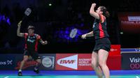 Ekspresi Praveen Jordan/Melati Daeva Oktavianti setelah mengalahkan ganda China, Wang Yi Lyu/Huang Dong Ping pada final Denmark Terbuka 2019 di Odense Sports Park, Denmark, Minggu (20/10/2019). (PBSI)