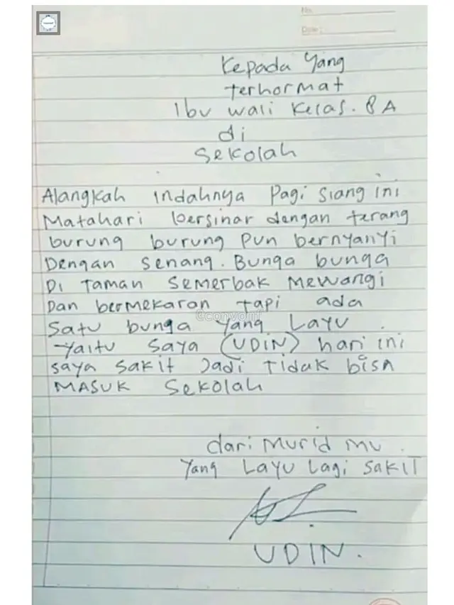 6 Potret Surat Izin Enggak Masuk Sekolah Ini Puitis Banget, Tertarik Meniru?