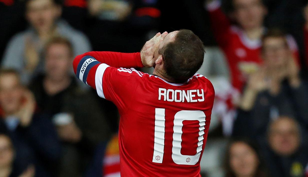 Ekspresi Wayne Rooney mencetak gol ketiga ke gawang Ipswich Town dalam laga putaran ketiga Piala Liga Inggris di Stadion Old Trafford, Manchester, Inggris, Kamis (24/9/2015) dini hari WIB. (Action Images via Reuters/Ed Sykes)