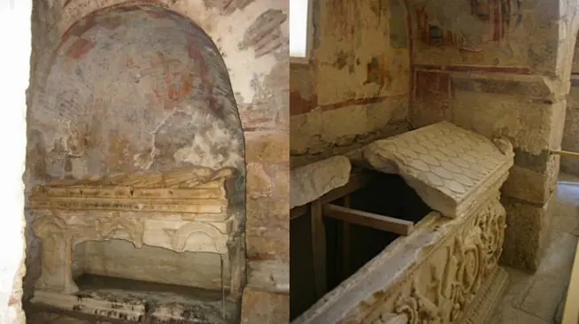 Dua peti jenazah yang diduga pernah menjadi tempat jasad St. Nicholas di Demre, Antalya, Turki. Peti di sebelah kiri diduga menjadi peti yang sebenarnya. (Sumber St. Nicholas Center/C. Myers)