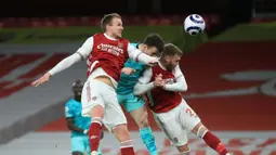 Baru bermain di menit ke-61,Diogo Jota berhasil menjebol gawang Arsenal pada menit ke-66. Pemain asal Portugal itu berhasil menanduk umpan silang Trent Alexander-Arnold dengan baik. (Foto: AFP/Pool/Adam Davy)