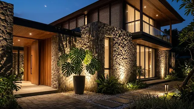 Ide Teras Dinding Batu Tempel dan Monstera