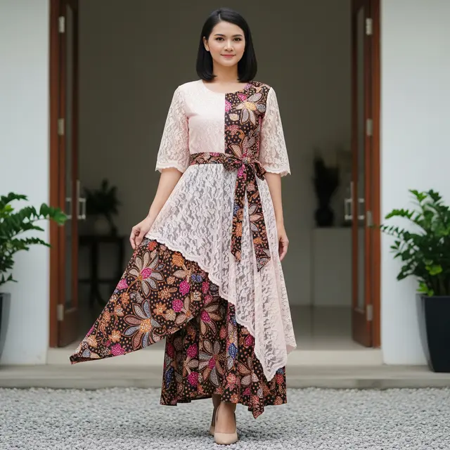9 Dress Batik Kombinasi Brokat Asimetris Lengan Pendek, Inovasi Gaya Anggun