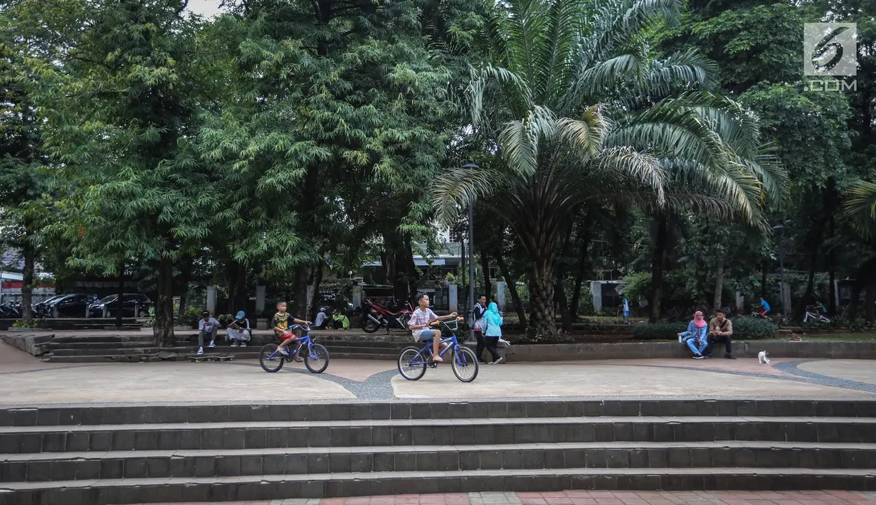 Anak-anak bermain sepeda di lapangan Taman Tebet, Jakarta, Selasa (8/1). Dengan pergantian nama, Pemprov DKI akan merevitalisasi Taman Tebet menjadi taman pintar dengan anggaran sebesar Rp 40 miliar. (Liputan6.com/Fery Pradolo)