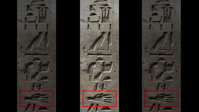Bukti hieroglif dari potongan tangan yang ditemukan di makam Ahmose di El-Kab.