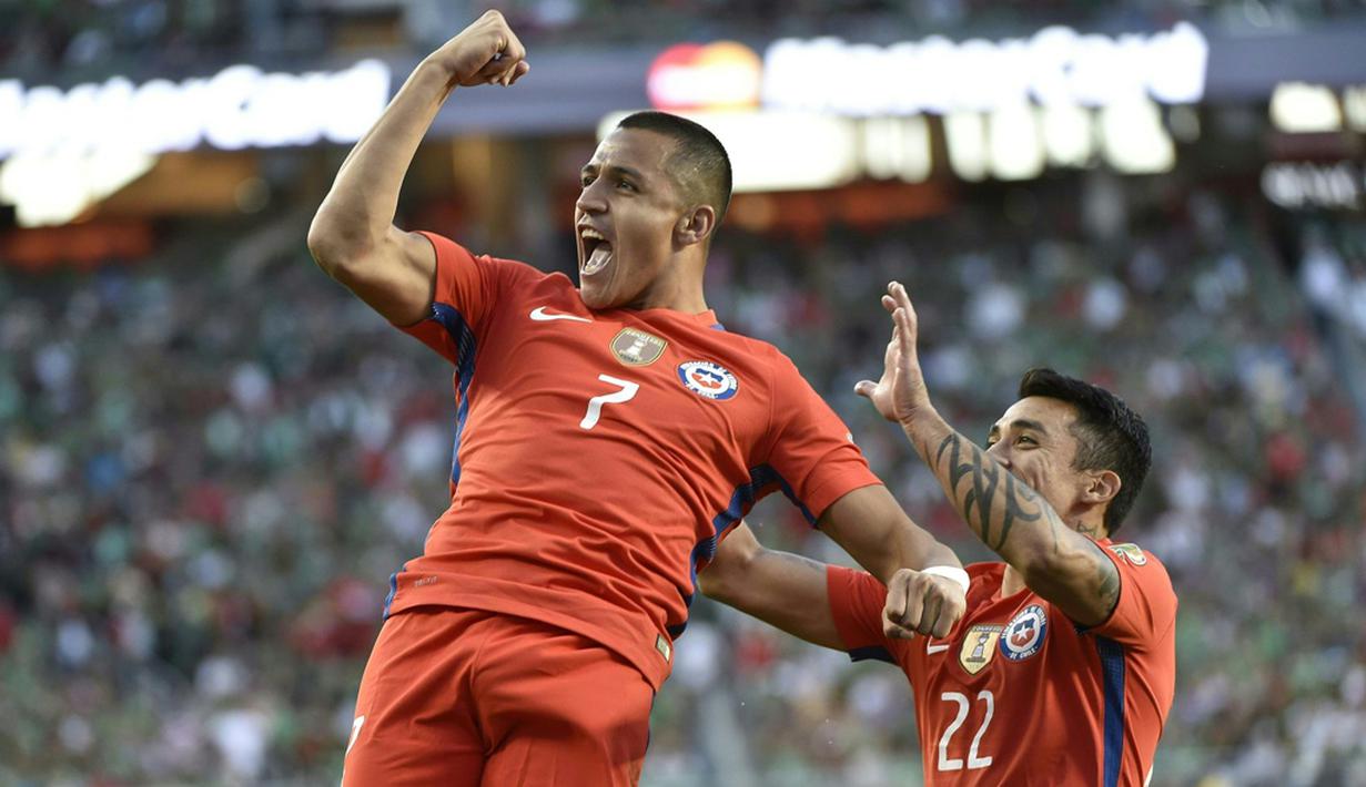 Ekspresi Alexis Sanchez setelah mencetak gol ke gawang Meksiko dalam perempat final Copa America Centenario 2016 di Stadion Levis, Santa Clara, AS, Minggu (19/6/2016). (AFP/Omar Torres)