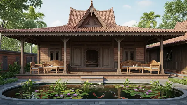 Desain Rumah Desa dengan Kolam Ikan Depan Teras
