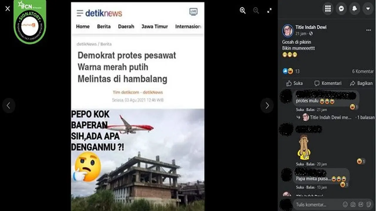 Gambar Tangkapan Layar Kabar Partai Demokrat Protes Pesawat Warnah Merah Putih Melintas di Hambalang (sumber: Facebook).