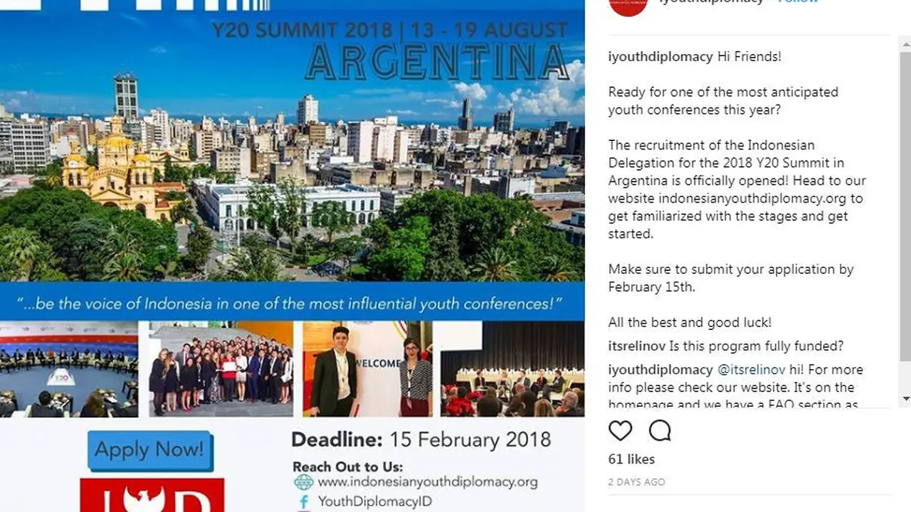 Indonesian Youth Diplomacy (IYD) membuka pendaftaran delegasi Indonesia untuk pertemuan Y20. (Instagram/iyouthdiplomacy)