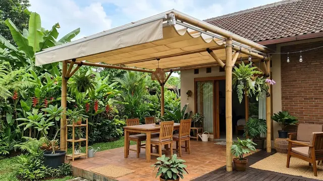 Inspirasi Teras Belakang dengan Atap Pergola dan Penutup Hujan yang Dapat Dibuka