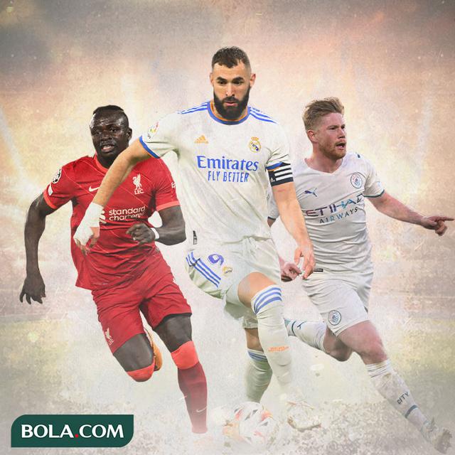 Ilustrasi - Karim Benzema dikelilingi Sadio Mane dan Kevin de Bruyne