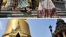 Wisatawan mengenakan masker di tengah kekhawatiran terhadap virus corona COVID-19 ketika mereka mengunjungi Grand Palace di Bangkok pada 29 Januari 2020 (atas) dan pada 2 Maret 2020. (Lillian SUWANRUMPHA/AFP)