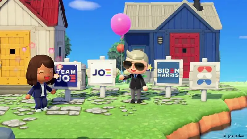 Permainan video ''Animal Crossing: New Horizons'' menampilkan poster kampanye Biden-Harris. (Joe Biden/DW)