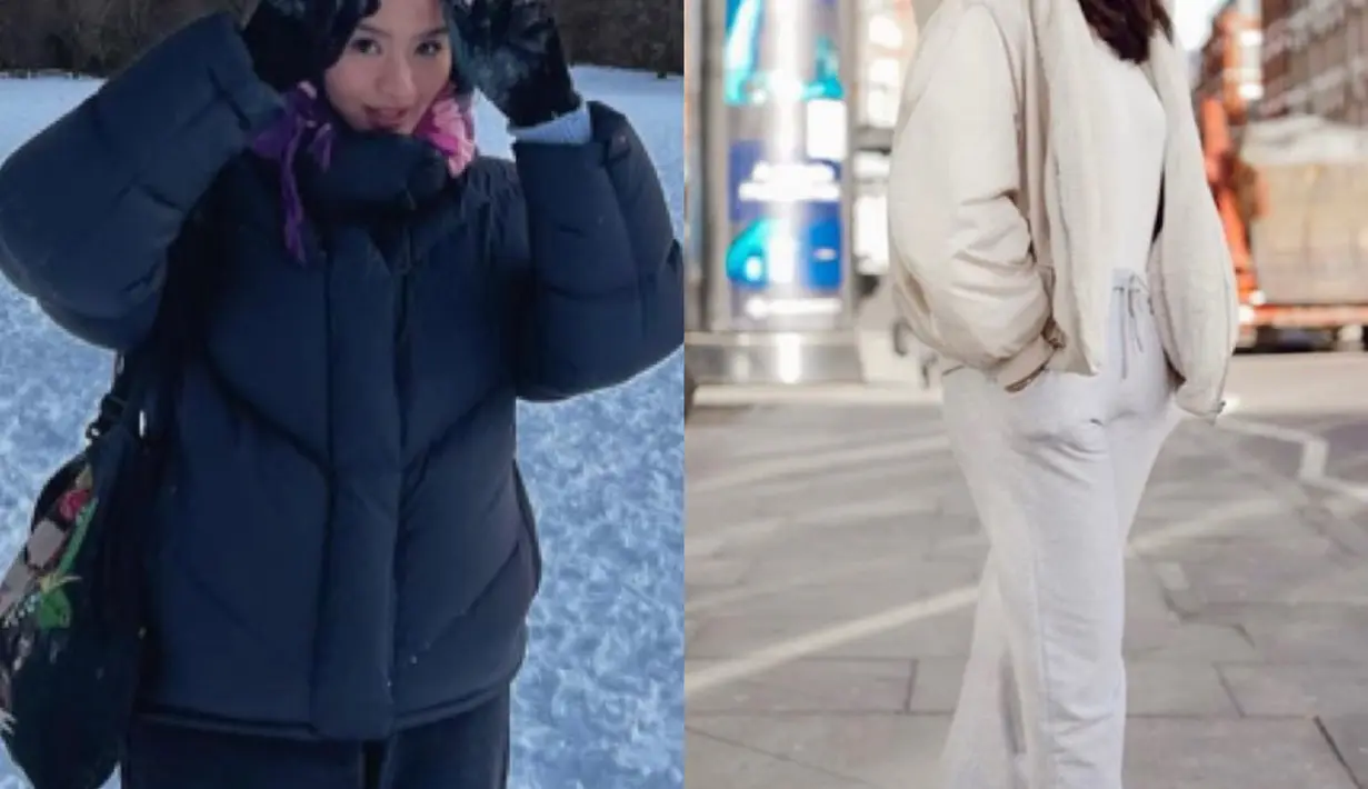 Berada di negara musim dingin, Zahwa tampil dengan padding jaket hitam serasi dengan celana dan tasnya. Aaliyah tampil serba putih dengan jaket tebal, inner, dan jogger pantsnya. [@zahwamassaid/@aaliyah.massaid]