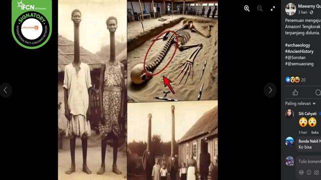 Gambar tangkapan layar foto yang diklaim sebagai penemuan tengkorak raksasa berleher panjang di Hutan Amazon. (sumber: Facebook)