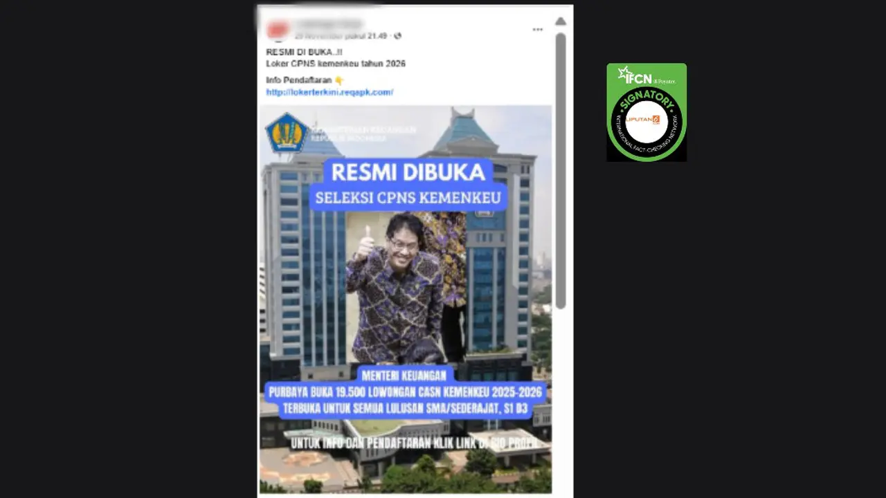 Tangkapan layar klaim pendaftaran CPNS Kemenkeu pada 2026 yang beredar di Facebook. Benarkah? cek penelusuran Cek Fakta Liputan6.com
