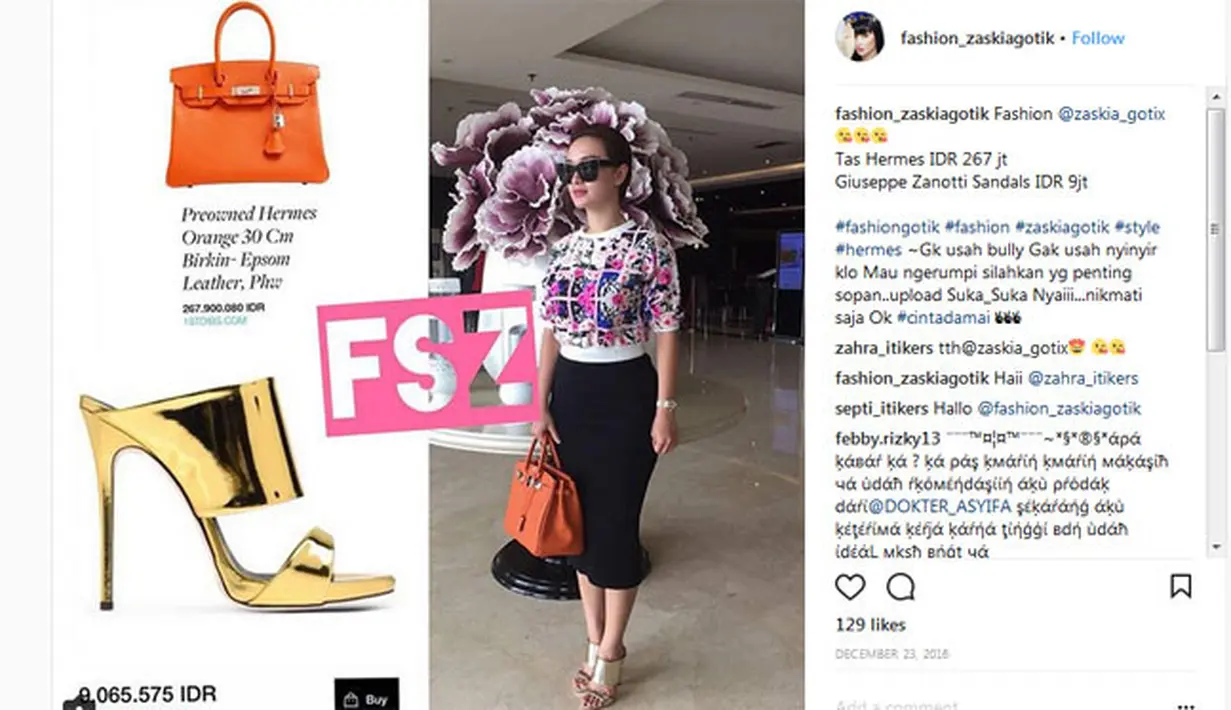 Harga tas Zaskia Gotik ini sepertinya kebanyakan di atas 200 juta-an. Untuk y tas bermerek Hermes yang satu ini harganya mencapai Rp 267 Juta. (Instagram/fashion_zaskiagotik)