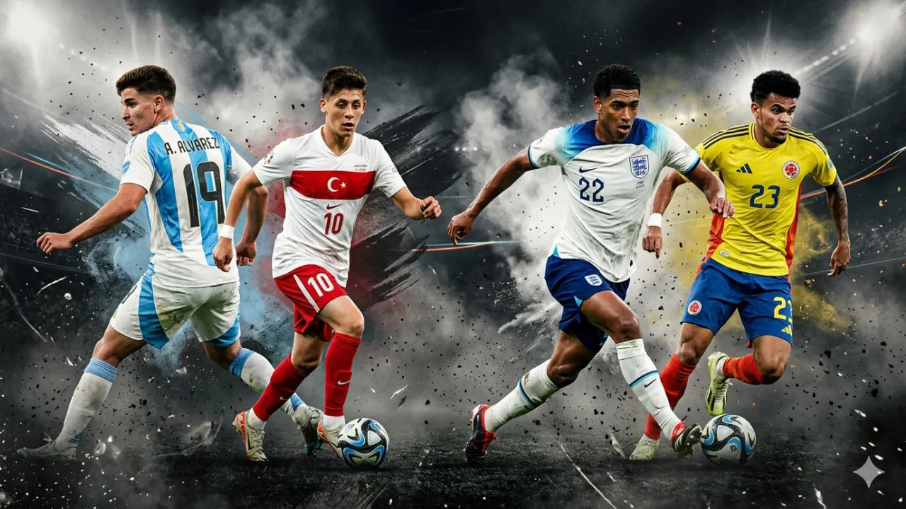 Ilustrasi Julian Alvarez, Arda Guler, Jude Bellingham, Luis Diaz
