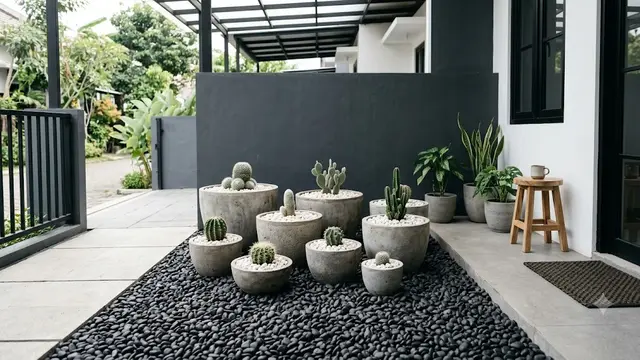 Ide Teras Monokrom dengan Kaktus Mini dan Pot Semen (AI Generated)