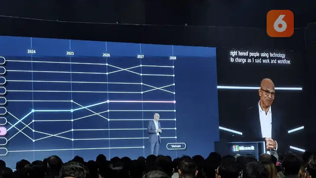 CEO Microsoft Satya Nadella saat berbicara di atas panggung dalam event Microsoft Build di Jakarta, Selasa (30/4/2024). Liputan6.com/Agustinus Mario Damar