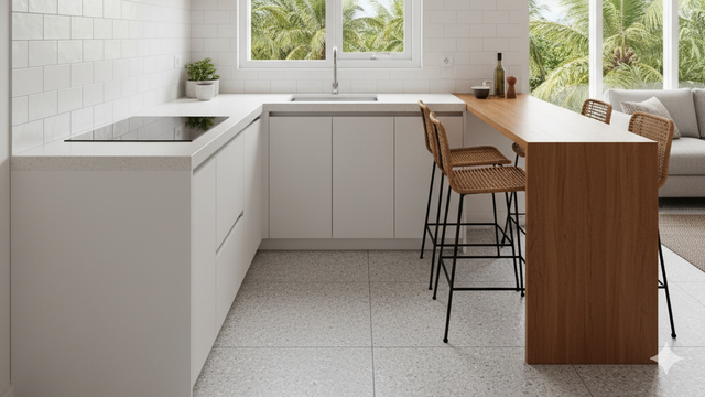 Mesa de estufa de esquina (forma de L) (Gemini AI)