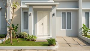 Pintu Putih Gading dan Pilar Abu-abu Muda/Kombinasi Warna Pintu dan Pilar Teras Rumah Minimalis (Sumber: gemini.com)