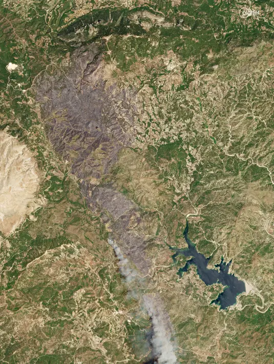 Kebakaran tersebut telah berlangsung selama seminggu, memicu evakuasi bencana terbesar yang pernah terjadi di Yunani pada puncak musim liburan.  (Planet Labs PBC / AFP)