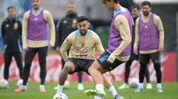 Pemain Timnas Argentina kembali berkumpul untuk melakukan sesi latihan di Ezeiza, Provinsi Buenos Aires, Argentina, pada 2 September 2025. (JUAN MABROMATA/AFP)