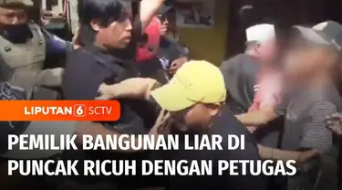 Kericuhan kembali terjadi saat petugas melanjutkan operasi penertiban ratusan bangunan tak berizin di kawasan Puncak, Kabupaten Bogor, Jawa Barat, pada Senin siang. Sejumlah pedagang kaki lima melakukan perlawanan hingga terlibat baku hantam dengan p...