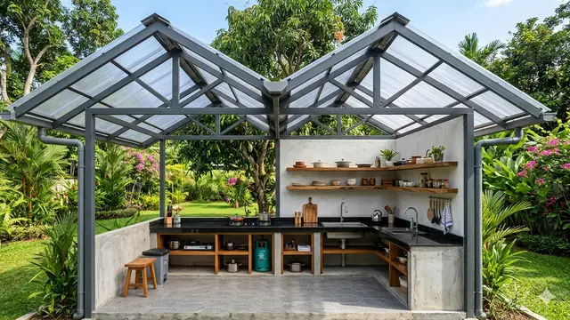 Model Dapur Terbuka dengan Atap Miring Anti Bocor