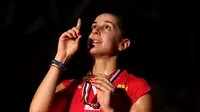 Rasa syukur Carolina Marin atas pencapaiannya tahun ini. Minggu (16/8/2015). (Bola.com/Arief Bagus)