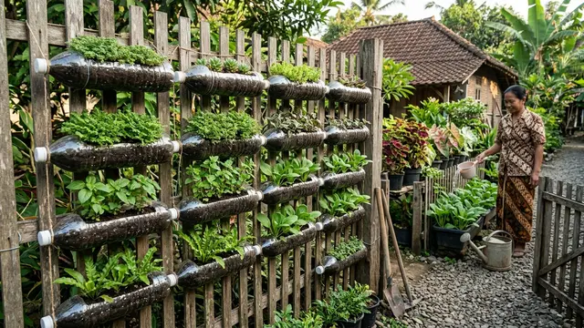 Desain Kebun Mini di Pagar Rumah Pakai Botol Plastik (AI Generated)
