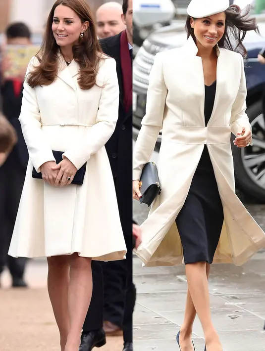 Nah kalau ini, keduanya kembaran coat berwarna putih selutut. Jangan lupa heels berwarna navy milik mereka! (Getty Images/Cosmopolitan)