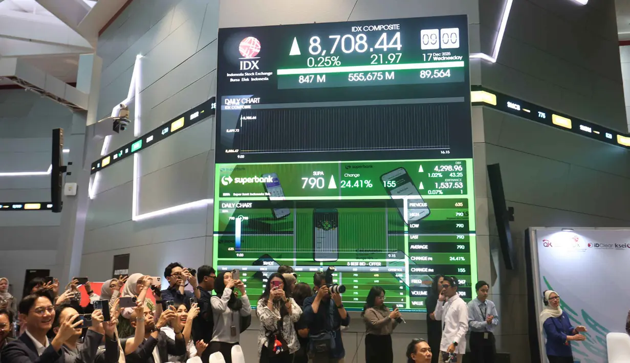Presiden Direktur Superbank, Tigor M. Siahaan mengatakan bahwa pencatatan saham di IDX membuka babak baru dalam perjalanan PT Super Bank Indonesia Tbk (IDX: SUPA; “Superbank”). Tampak dalam foto, layar monitor menampilkan pencatatan perdana saham PT Super Bank Indonesia Tbk (SUPA) di Bursa Efek Indonesia (BEI), Rabu (17/12/2025). (Kapanlagi.com/Budy Santoso)