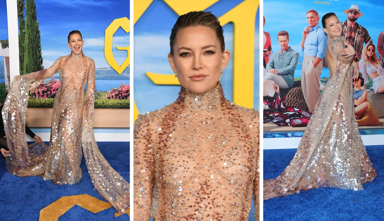 Foto kolase Kate Hudson saat menghadiri pemutaran perdana "Glass Onion: A Knives Out Mystery" di Academy Museum of Motion Pictures  di Los Angeles, California pada 14 November 2022. (AFP Photo)