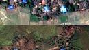 Foto dari citra satelit menunjukkan Desa Kyet Yoe Pyin yang dihuni oleh minoritas muslim Rohingya sebelum dibakar pada 30 Maret 2016 (atas) dan sesudah dilahap si jago merah pada 10 November 2016 (bawah). (Copyright 2016 Human Rights Watch/REUTERS)