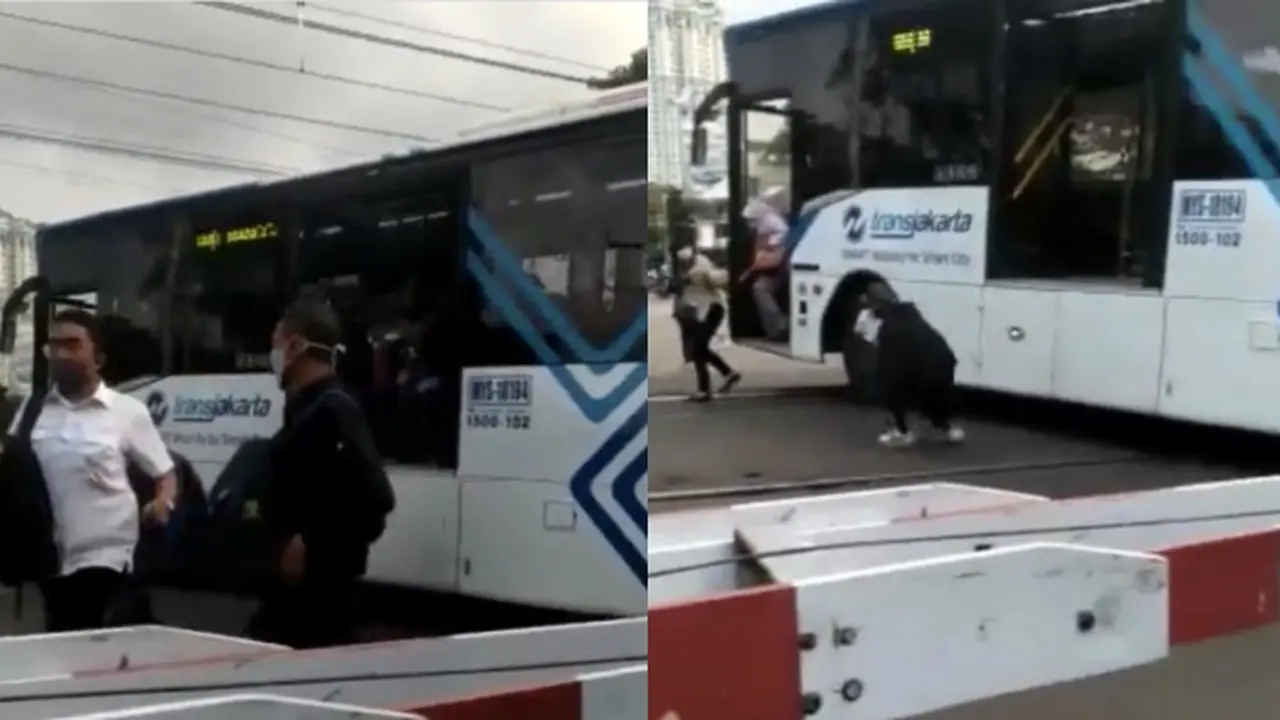 Viral Video Bus Transjakarta Mogok di Tengah Perlintasan KRL, Warga Berjibaku Mendorong